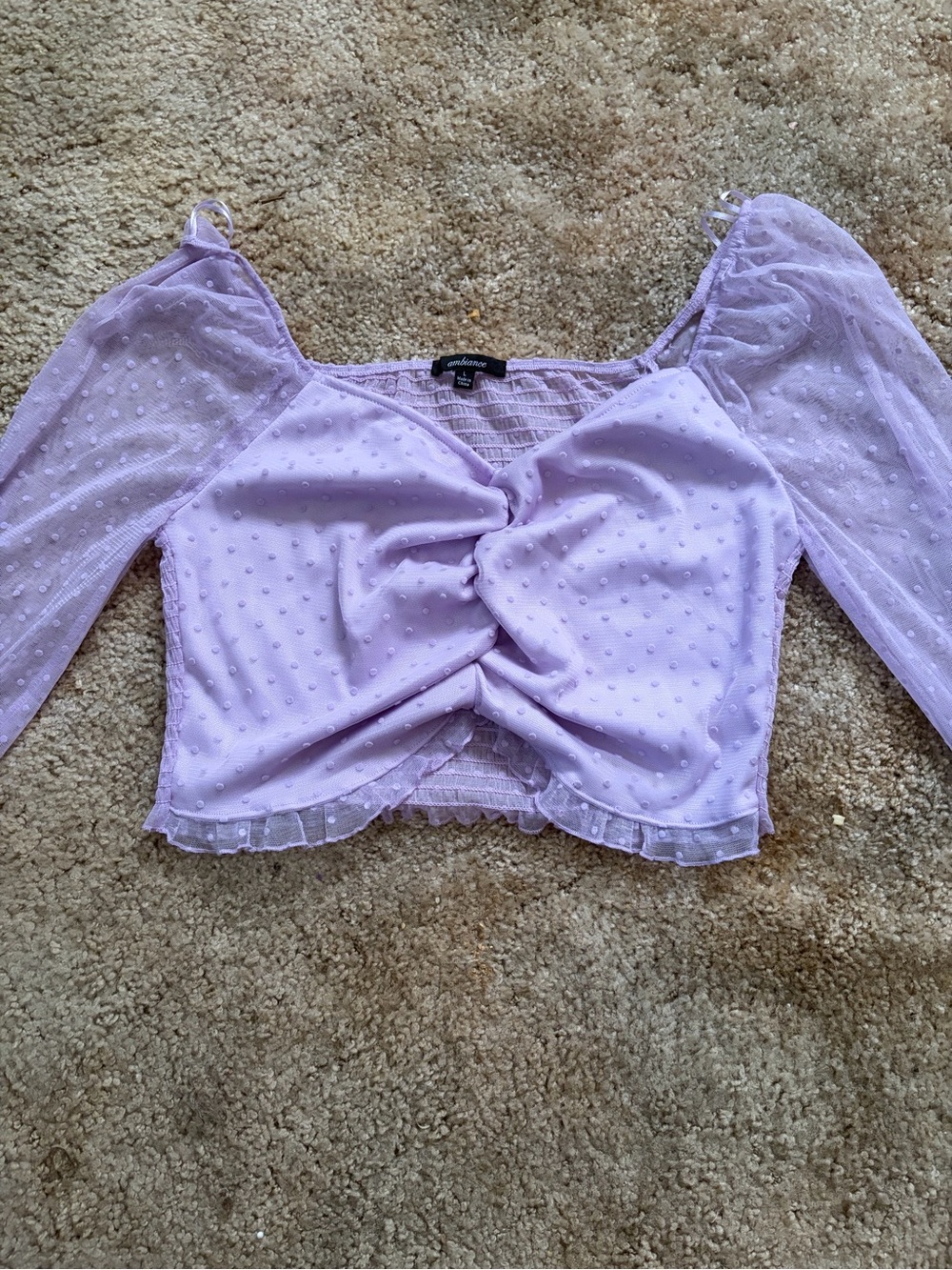 Ambiance Lilac Ruched Dot Mesh Crop Top